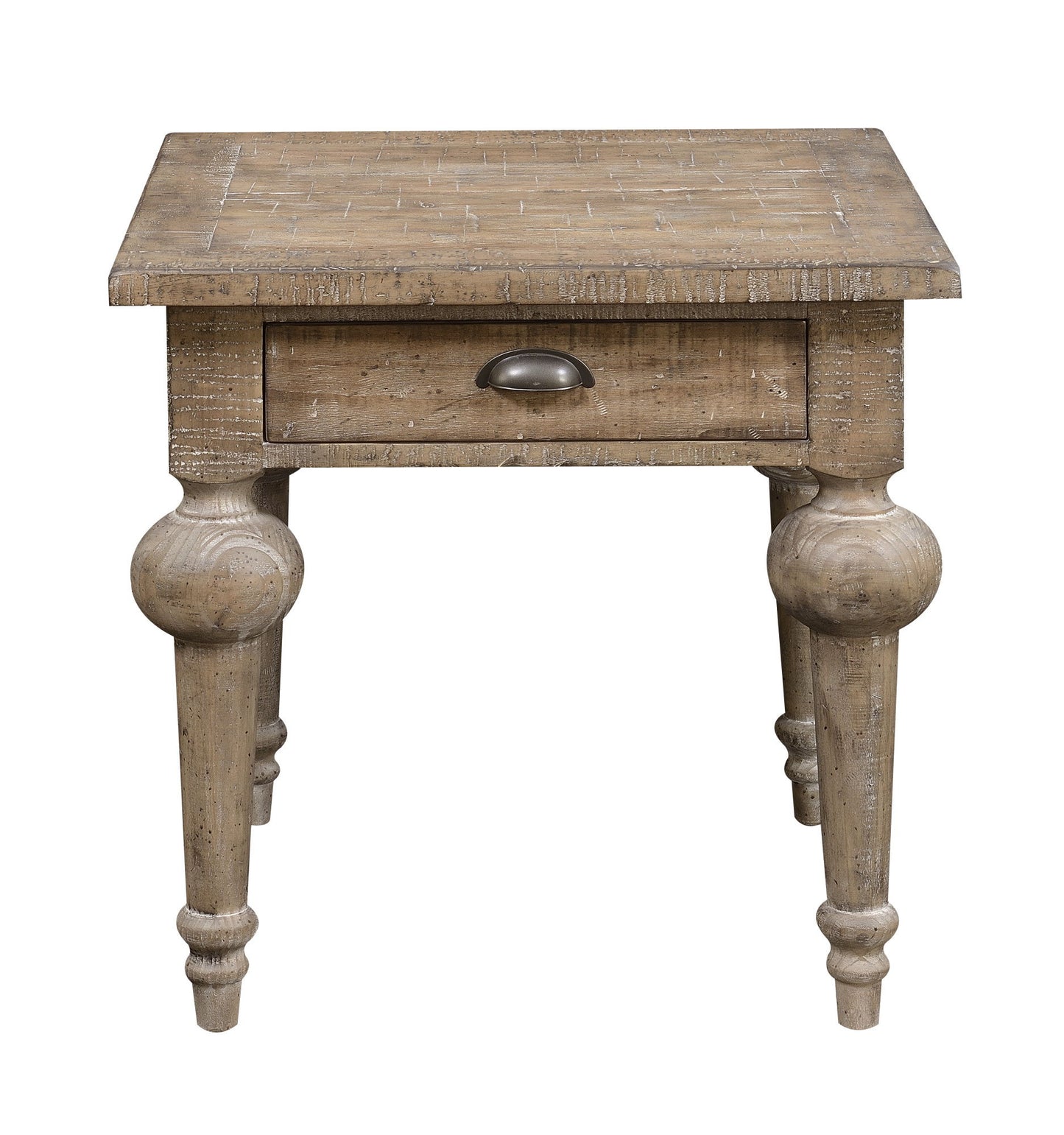The Ludin - Table is a rustic wooden end table featuring a single drawer with a metal cup pull, four turned legs, and a weathered, distressed finish that highlights its vintage style.