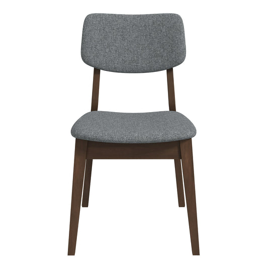 The Carlos Solid Back Side Chair (Set of 2) features a dark brown wooden frame and legs, with padded seat and backrest upholstered in gray fabric, shown from the front against a white background.