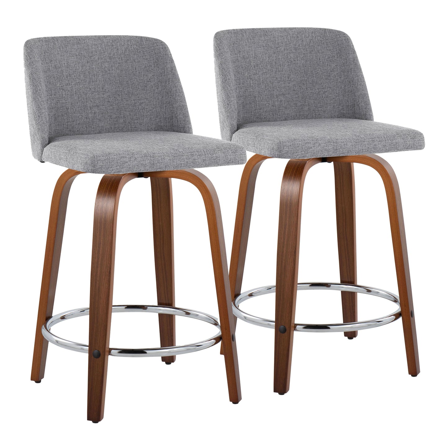 The Toriano set includes two mid-century modern fixed-height counter stools with swivel seats, featuring gray upholstery, wooden legs with a curved design, and a chrome circular footrest. The style is contemporary and minimalistic.