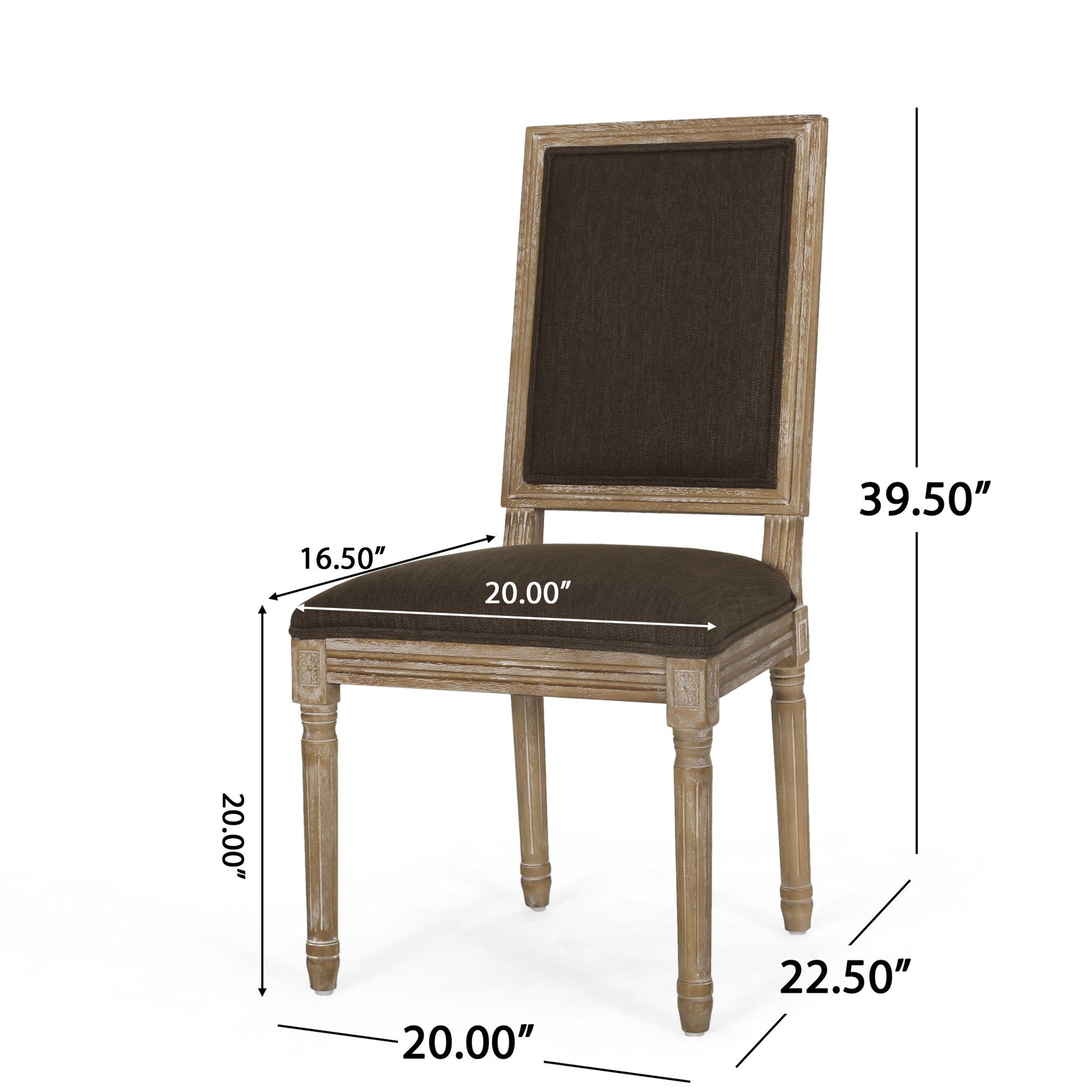 The French Country Style Dining Chair features fluted legs and dark upholstered seat and backrest. Dimensions: seat width 20", seat height 20", seat depth 16.5", chair depth 22.5", overall height 39.5".