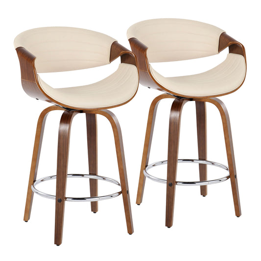 Set of 2 Symphony Mid Century Modern counter stools with fixed height and swivel, featuring curved wooden frames, cream cushioned seats and backs, round metal footrests, and four wooden legs.