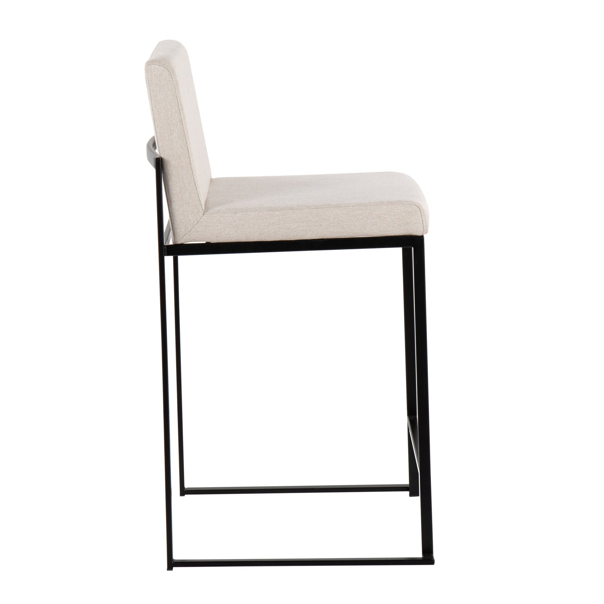 Side view of the Fuji High Back Counter Stool, featuring a beige cushioned seat and backrest, sleek contemporary design, and a slim black metal frame for modern elegance.