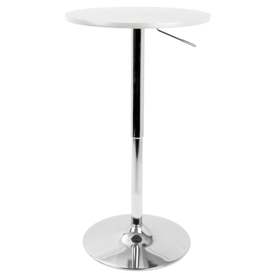 The Adjustable Contemporary Bar Table - White features a modern, round design with a shiny chrome pedestal base and a small lever for easy height adjustment.