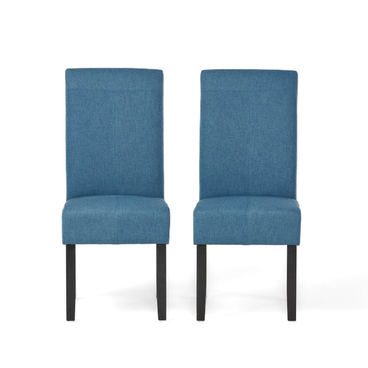 The Pertica Dining Upholstered Armless Chairs (Set of 2) feature straight backs, blue upholstery, and dark wooden legs, shown side by side against a plain white background.