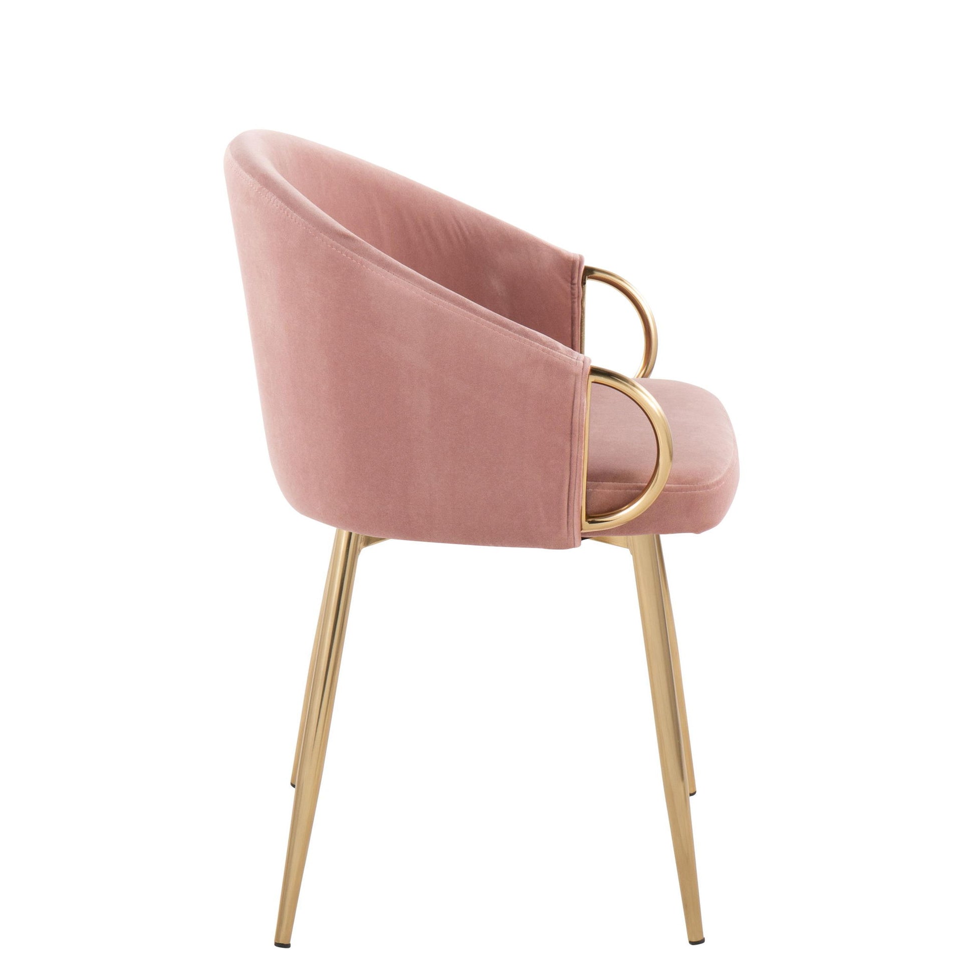 Side view of Claire - Contemporary Glam Chair featuring a pink velvet upholstered seat and backrest, gold metal legs, and a circular gold accent connecting the armrest to the seat.