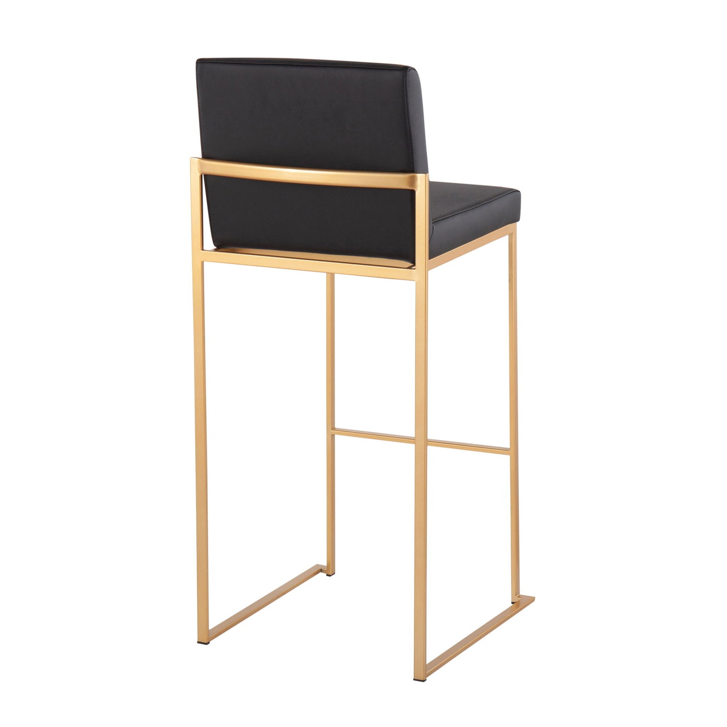 The Fuji - Contemporary Design High Back Barstool (Set of 2) features a gold metal frame and black cushioned seat and backrest, shown from the back at an angle.