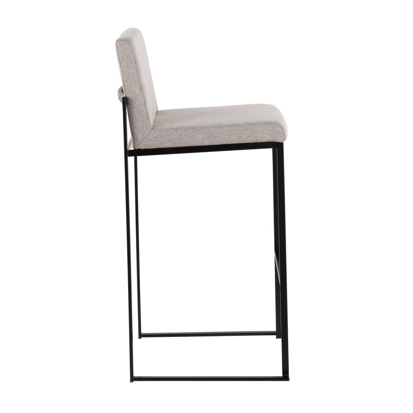 The Fuji Contemporary High Back Barstool features a light gray cushioned seat and backrest with a sleek black metal frame, shown from the side against a white background.