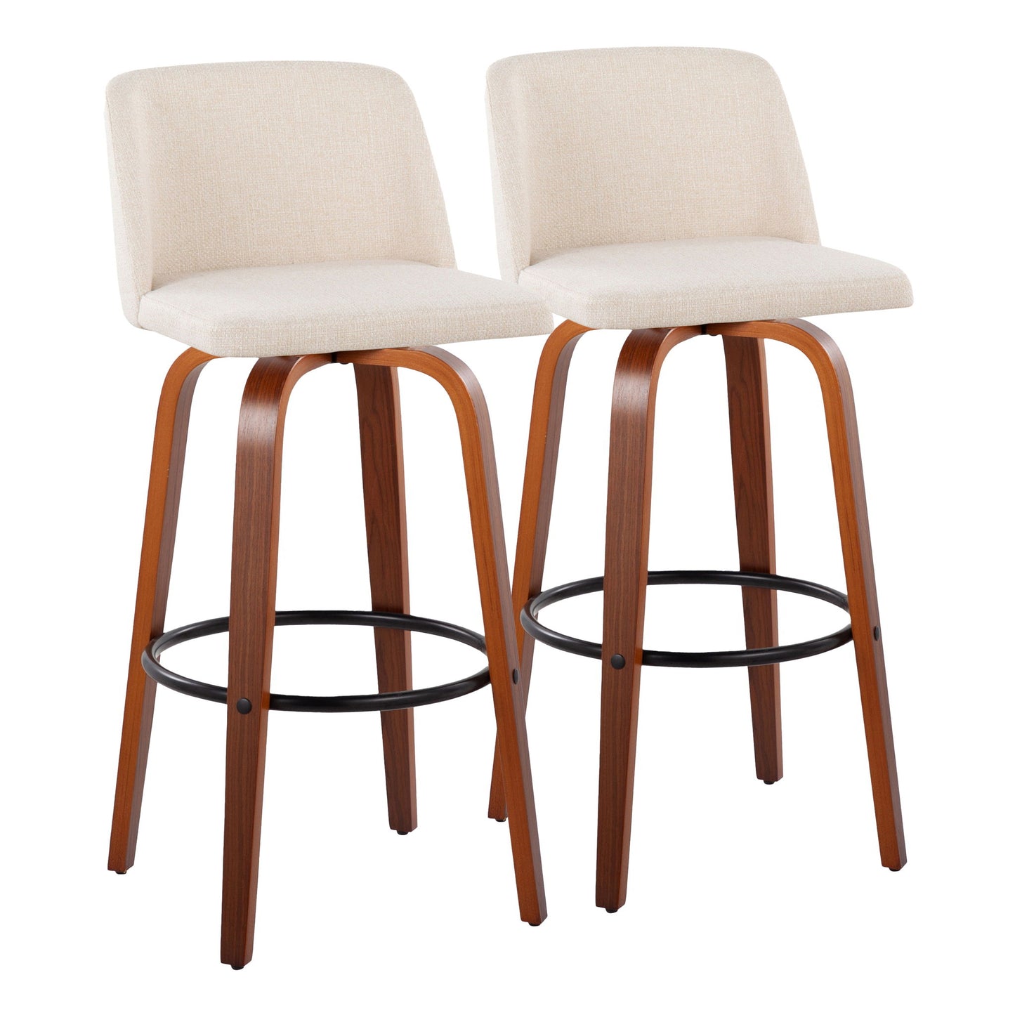 The Toriano Mid Century Modern Barstools (set of 2) feature fixed height, swivel seats upholstered in light beige, curved wooden legs, and round black metal footrests, shown against a white background.