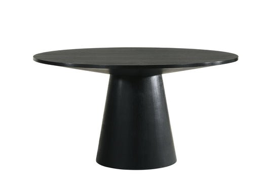 The Froja is a modern, minimalistic round dining table in black, featuring a thick flat top and wide tapered cylindrical base, crafted from smooth manufactured wood.