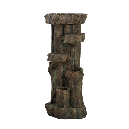 The Rustic Decorative Tree Trunk 5 Tier Water Fountain features a brown, weathered tree bark look with built-in light and pump, perfect for adding a natural touch indoors or outdoors.