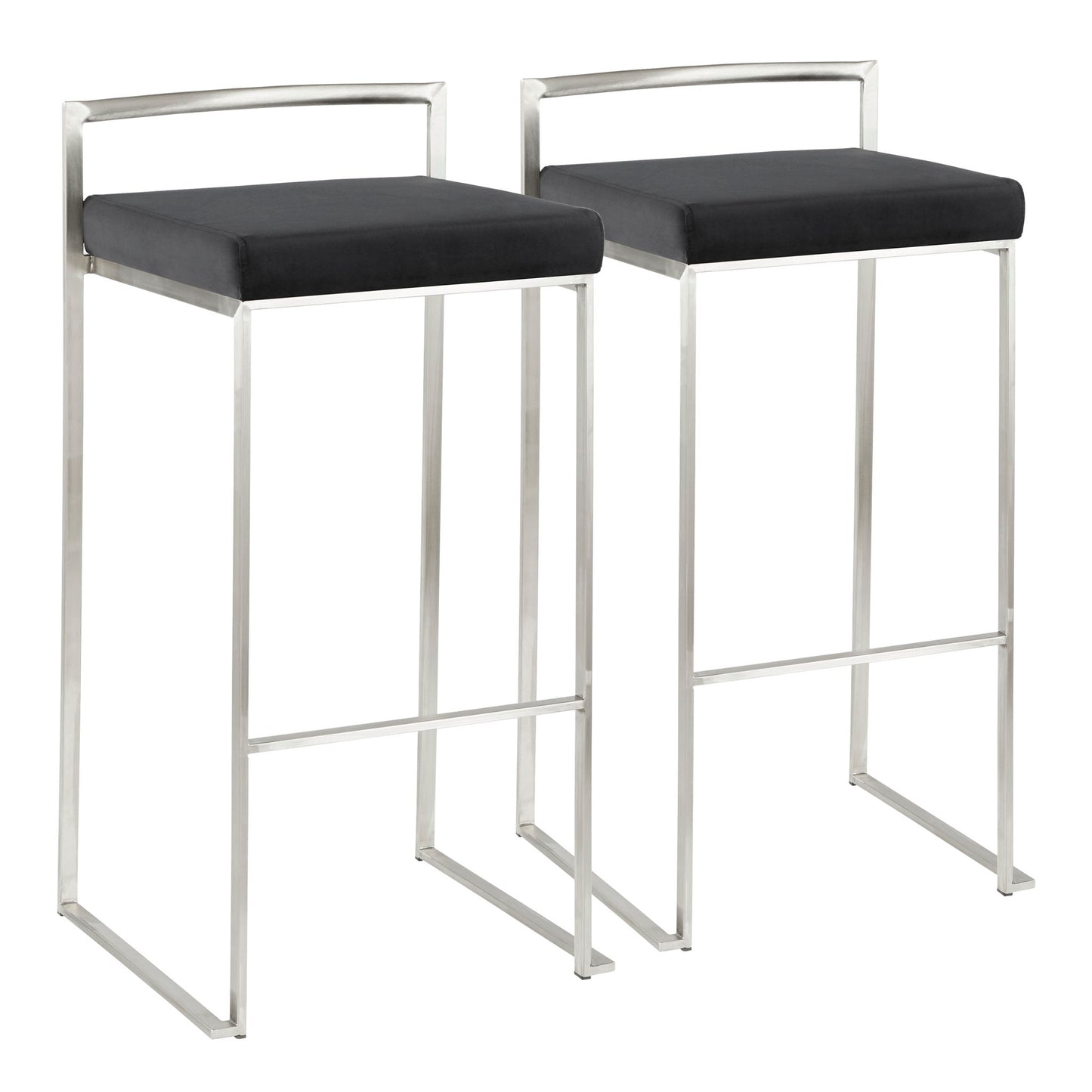 The Fuji Stackable Barstool features a sleek, contemporary design with slim silver metal frames, black square cushioned seats, simple backrests, and footrest bars—combining elegance and minimalism in every detail.