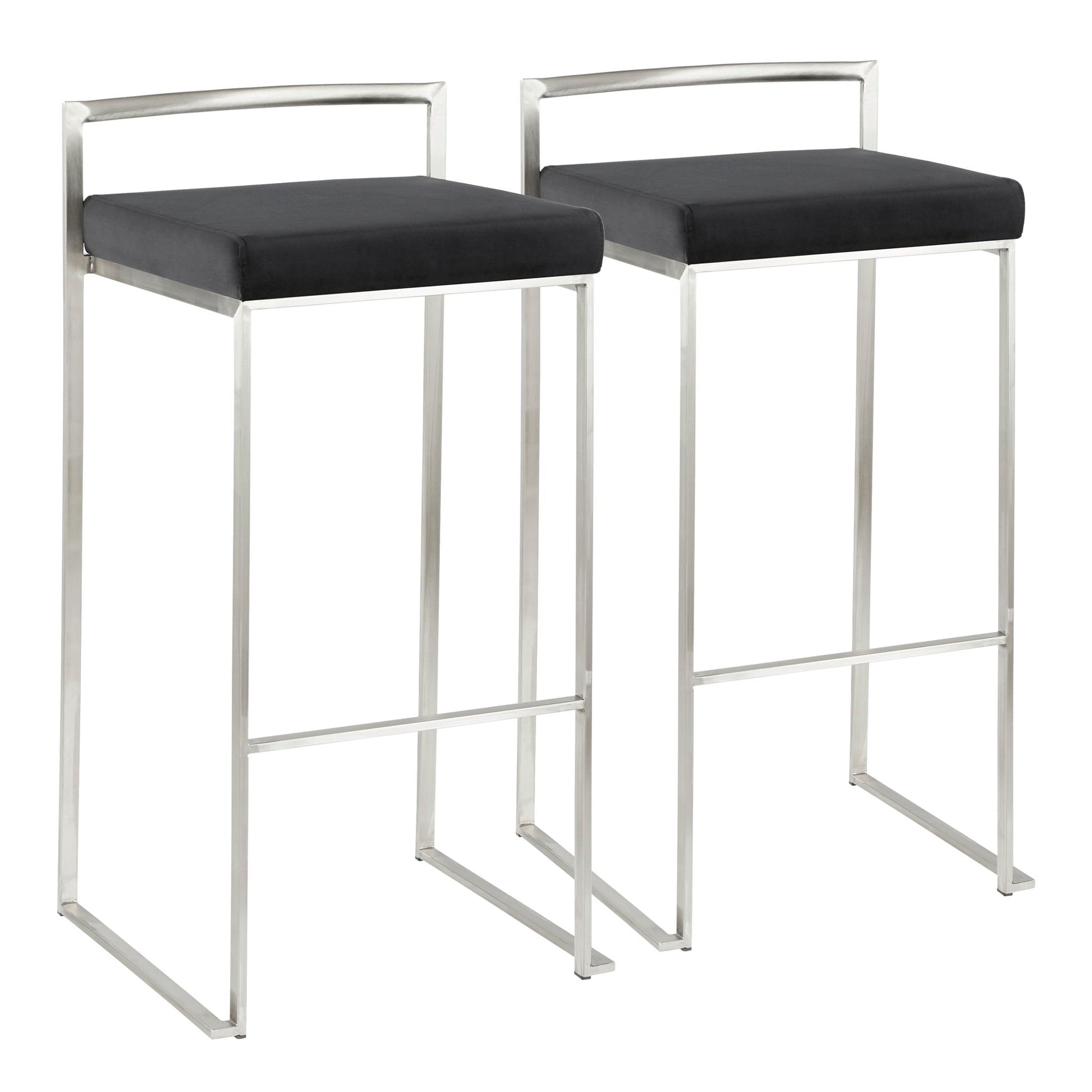The Fuji Stackable Barstool features a sleek, contemporary design with slim silver metal frames, black square cushioned seats, simple backrests, and footrest bars—combining elegance and minimalism in every detail.