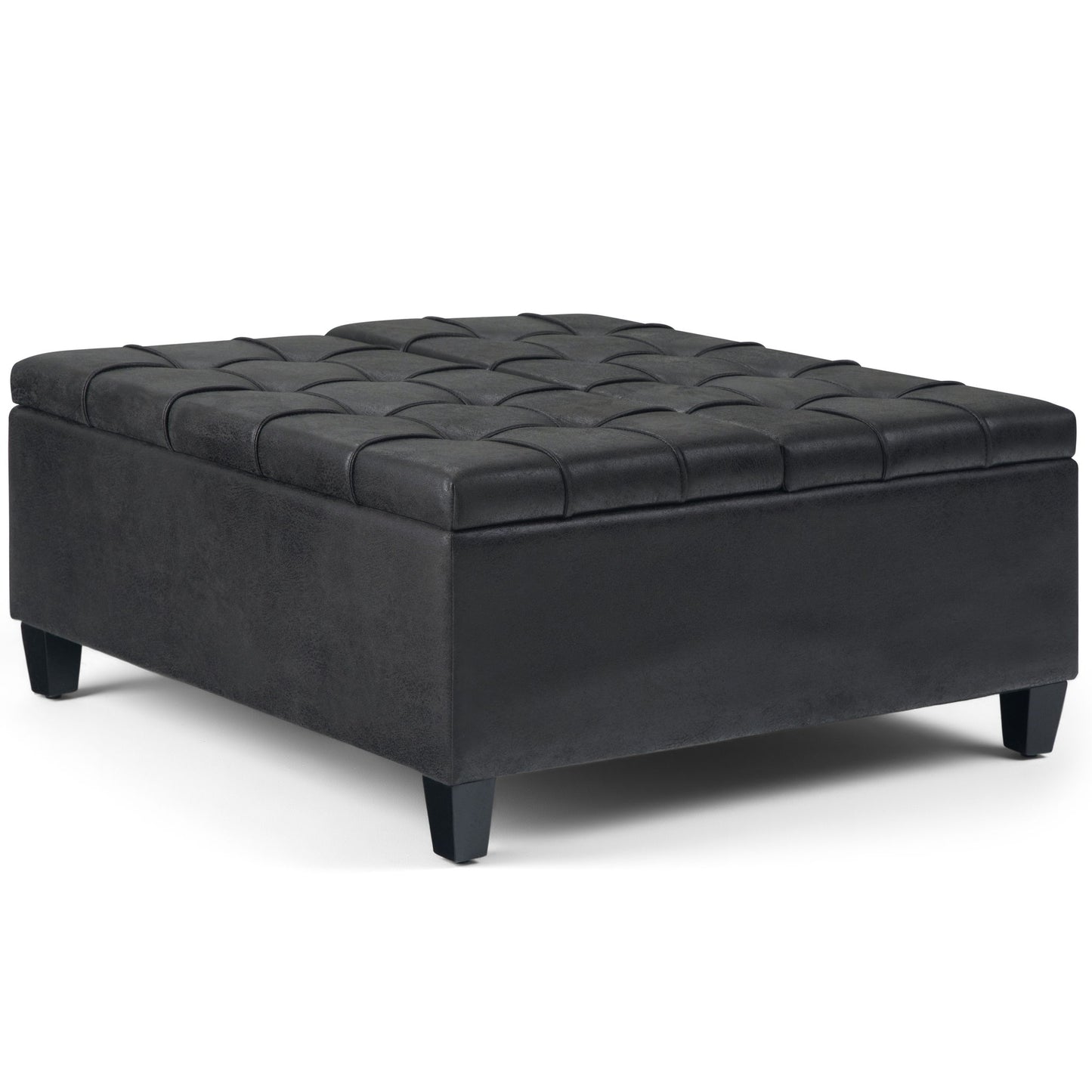 The Harrison Upholstered Coffee Table Storage Ottoman is a large, square, black piece with tufted leather upholstery and short, angled legs, displayed on a plain white background.