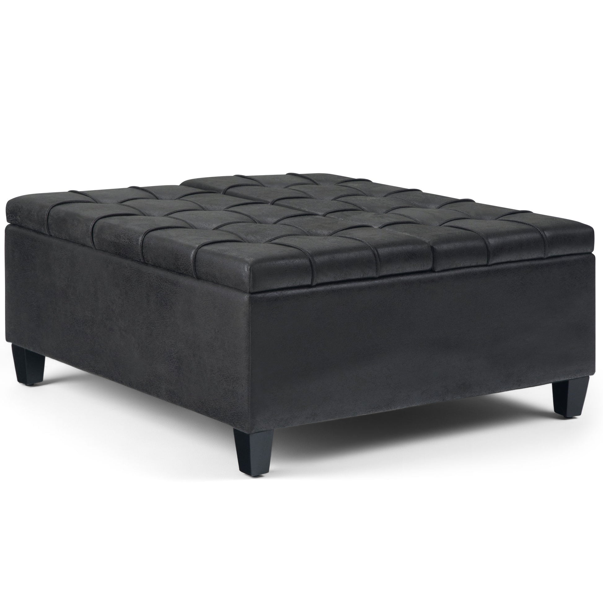 The Harrison Upholstered Coffee Table Storage Ottoman is a large, square, black piece with tufted leather upholstery and short, angled legs, displayed on a plain white background.