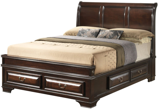 The LaVita Storage Bed features dark wood, a high headboard, built-in storage drawers, and comes with beige and gray bedding plus multiple pillows.