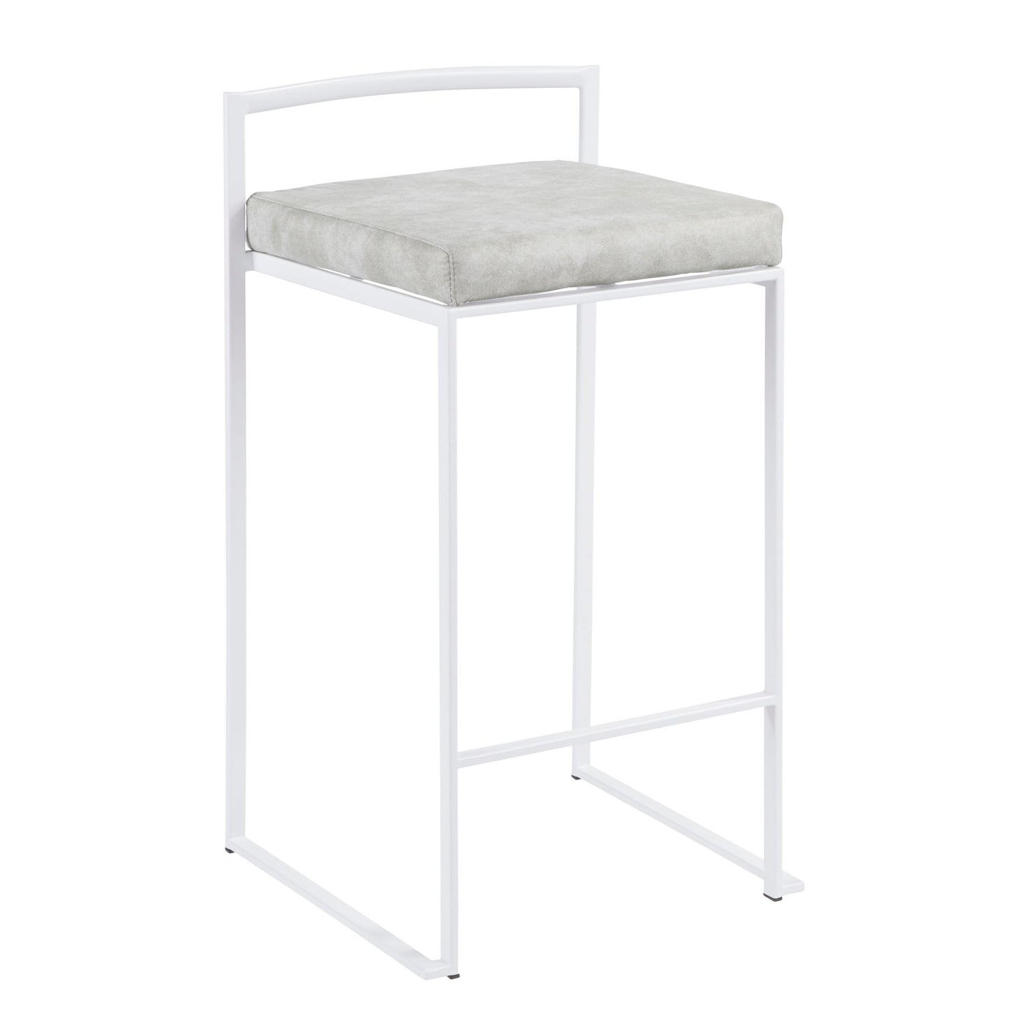 The Fuji - Simple Elegance is a contemporary, stackable counter stool with a white metal frame, light gray cushioned seat, minimalistic design, rectangular backrest, and open sides.