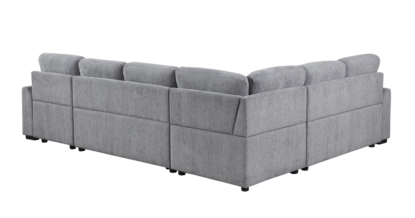 The Couch.com Nyhan Upholstered Corner Sectional features light gray fabric, a pull-out loveseat, storage chaise, modern style, and short black legs with five seat cushions and pillow-style backrests.