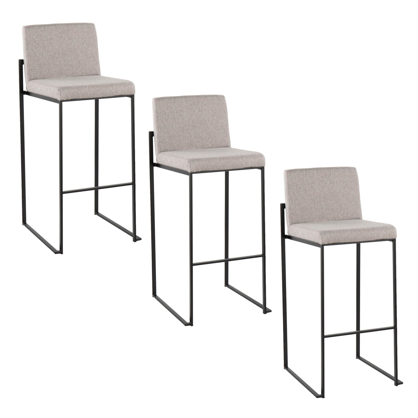 Three Fuji Contemporary High Back Barstools with light gray cushions, black metal legs, and a sleek minimalist design are displayed at varying angles on a white background.