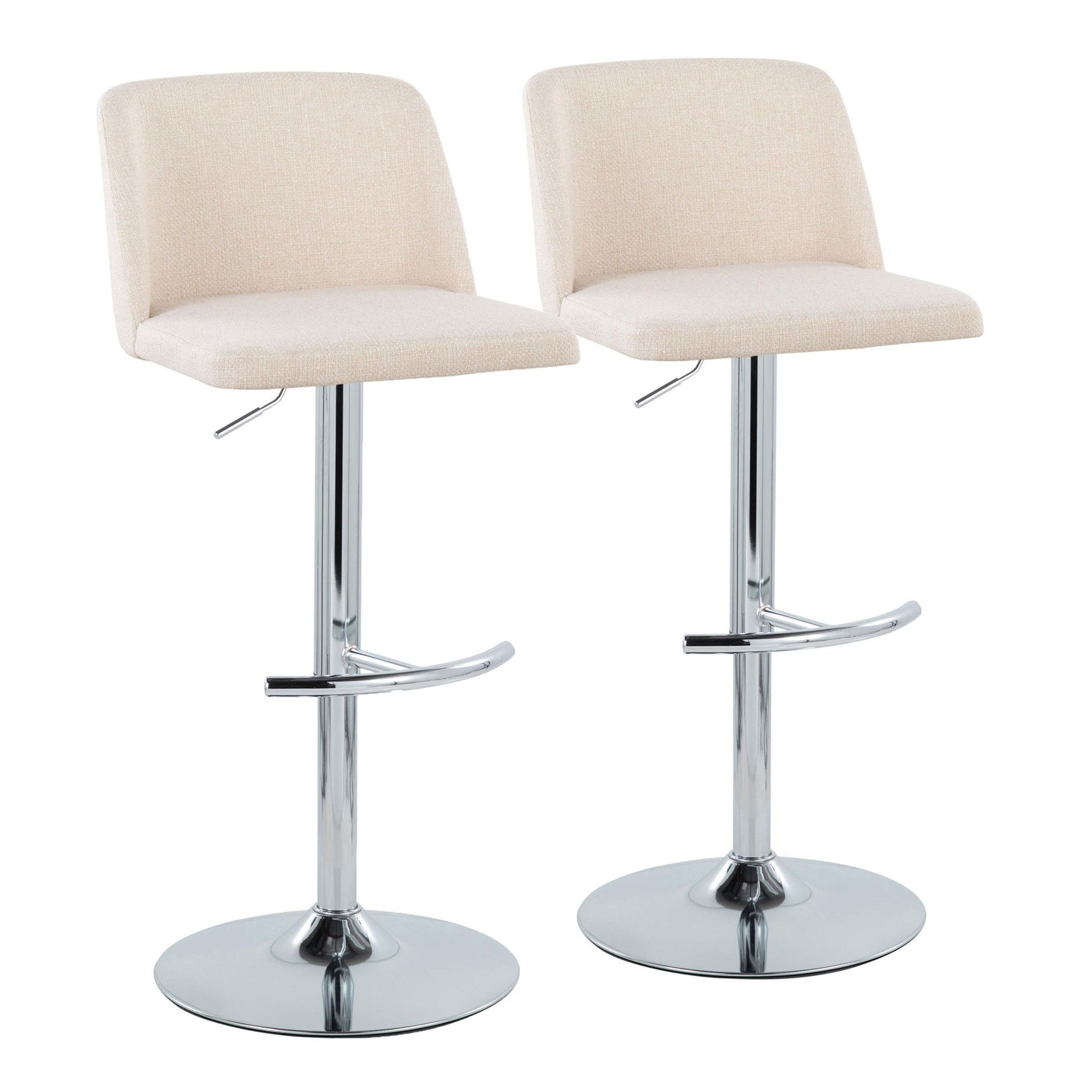 The Toriano Contemporary Adjustable Barstools (Set of 2) feature light beige upholstered seats and backs, chrome bases, swivel functionality, and rounded T footrests—shown side by side on a white background.