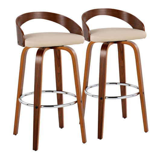 Set of 2 Grotto contemporary fixed height barstools with swivel, round chrome footrests, light beige cushioned seats, curved low backrests, and angled wooden legs for a sleek mid-century modern look.