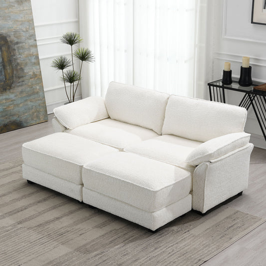A modern living room features the Free Combination Modular Convertible Sectional Sofa Bed Set, a plush 4-seat upholstered sleeper with ottoman on a gray rug by sheer curtains, complemented by a potted plant, abstract art, and a decorated console table.