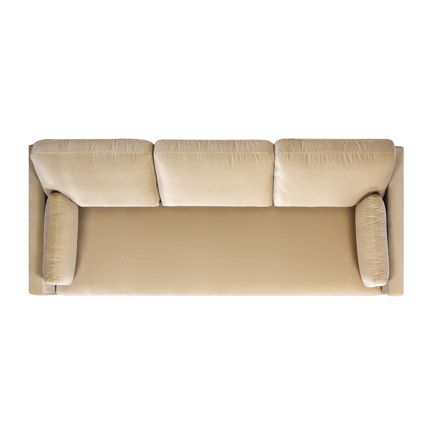 Top-down view of the Knox - Modern Farmhouse Sofa in beige, featuring three back cushions and two cylindrical armrest cushions, set against a white background.