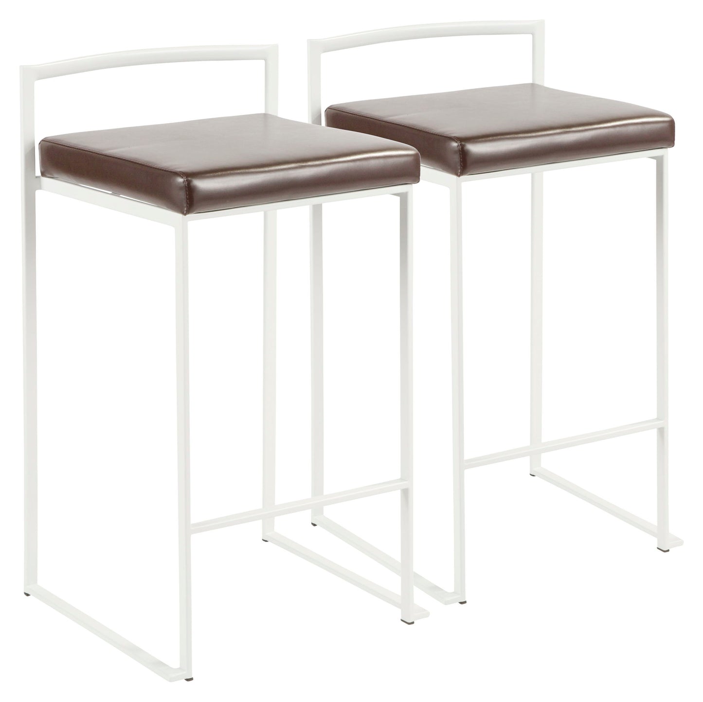 The Fuji Simple Elegance Contemporary Stackable Counter Stool features a white metal frame, square brown cushioned seat, minimalist backrest, and open geometric sides and base. Modern design. Set includes two stools.