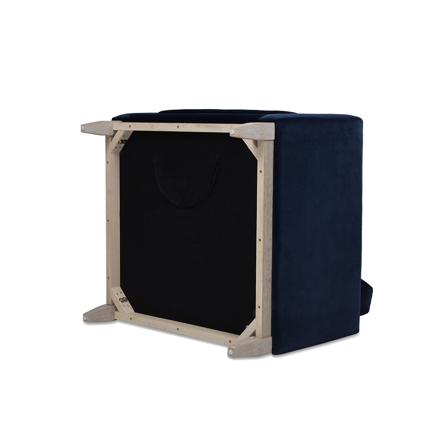 A Knox - Modern Farmhouse Arm Chair is shown upside down, revealing its wooden frame and black fabric underside. The fabric cover looks smooth and the chair features a rectangular shape.