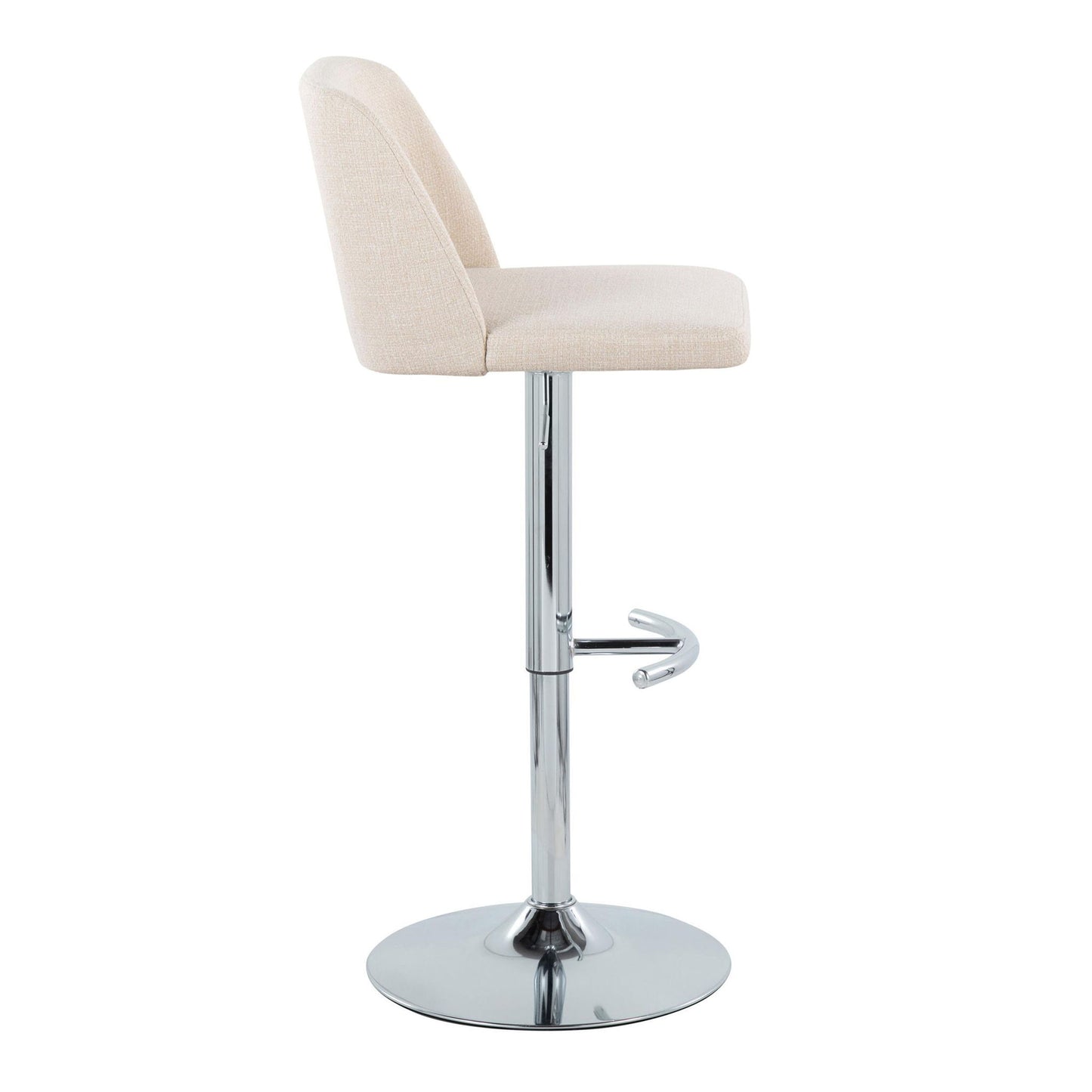 Side view of the Toriano Contemporary Adjustable Barstool (Set of 2), featuring beige upholstery, a chrome swivel pedestal base with a rounded T footrest, and a minimalist design.