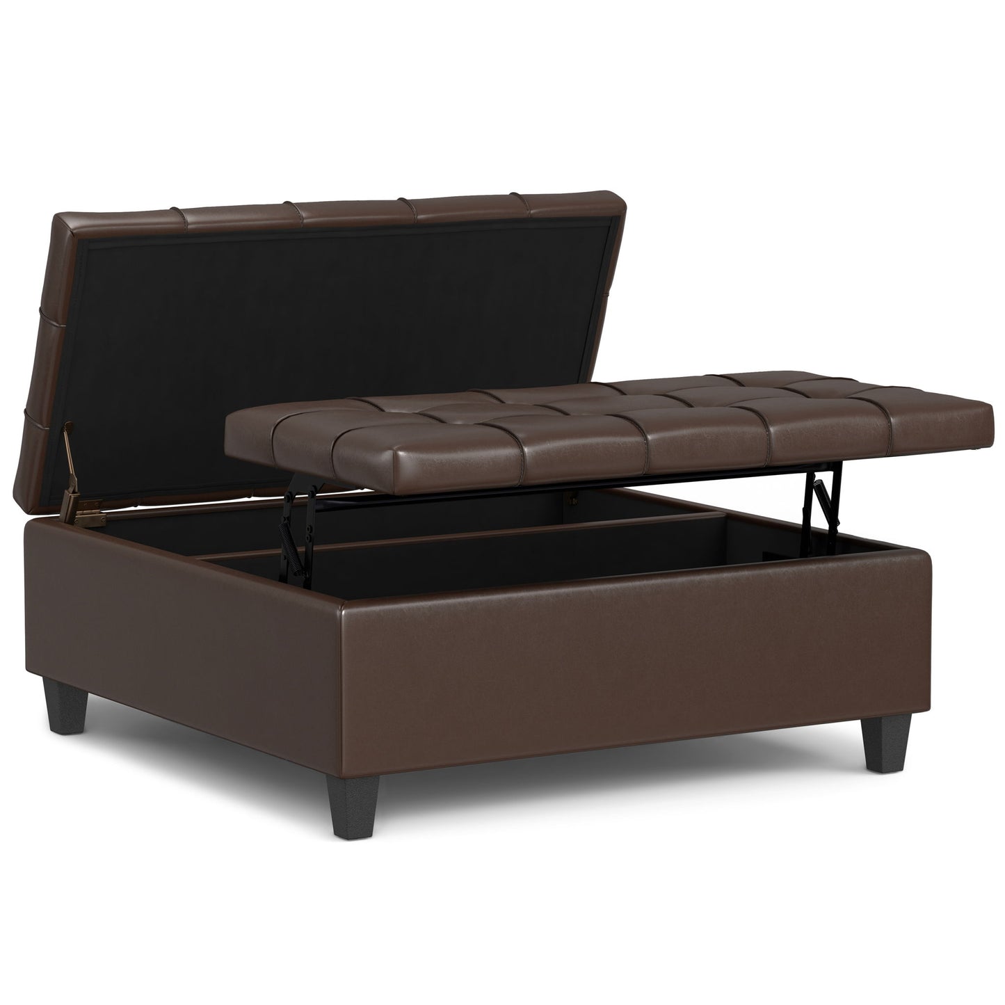 The Harrison Upholstered Coffee Table Storage Ottoman features a brown, square leather design with a tufted, hinged lid that opens to reveal storage. It stands on short black legs for a modern look.