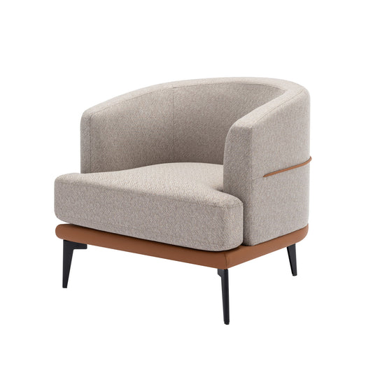The Modern Two-Tone Barrel Chair features light gray upholstery, a curved backrest, leather strap detail, brown leather base, and slim black legs. This upholstered round armchair is perfect for living rooms, bedrooms, or reading rooms.