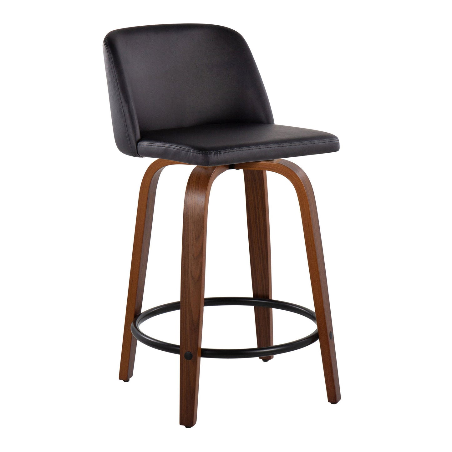 The Toriano set of 2 features mid-century modern counter stools with curved black cushioned seats, backs, wooden legs, and a round black metal footrest. Fixed height and swivel functionality add style and comfort.