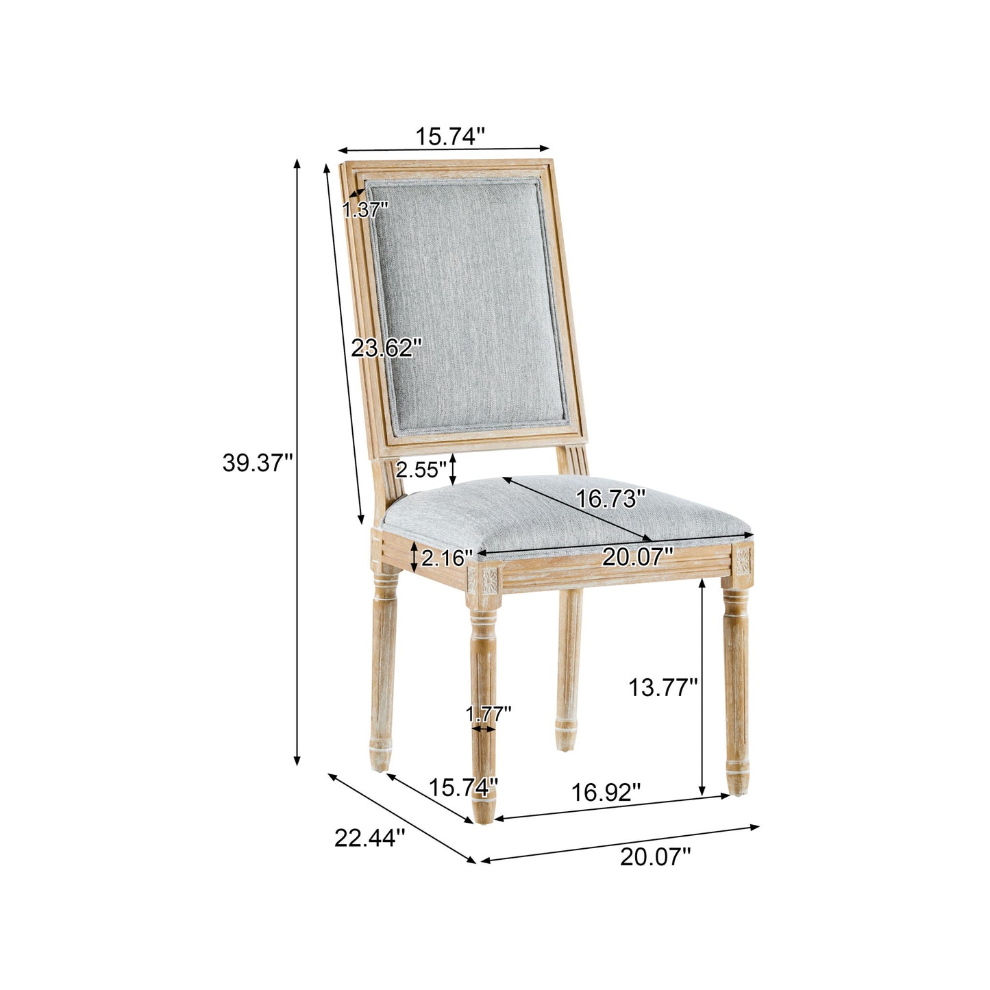 The French Country Style Dining Chair features upholstered seating, fluted legs, and detailed measurements: 39.37" high, seat height 19.07", seat width 20.07", seat depth 16.73", and overall depth 22.44".