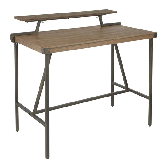 The Gia Industrial Counter Table features a modern, minimalistic wooden top with metal legs and a slim, raised back shelf supported by angled brackets.