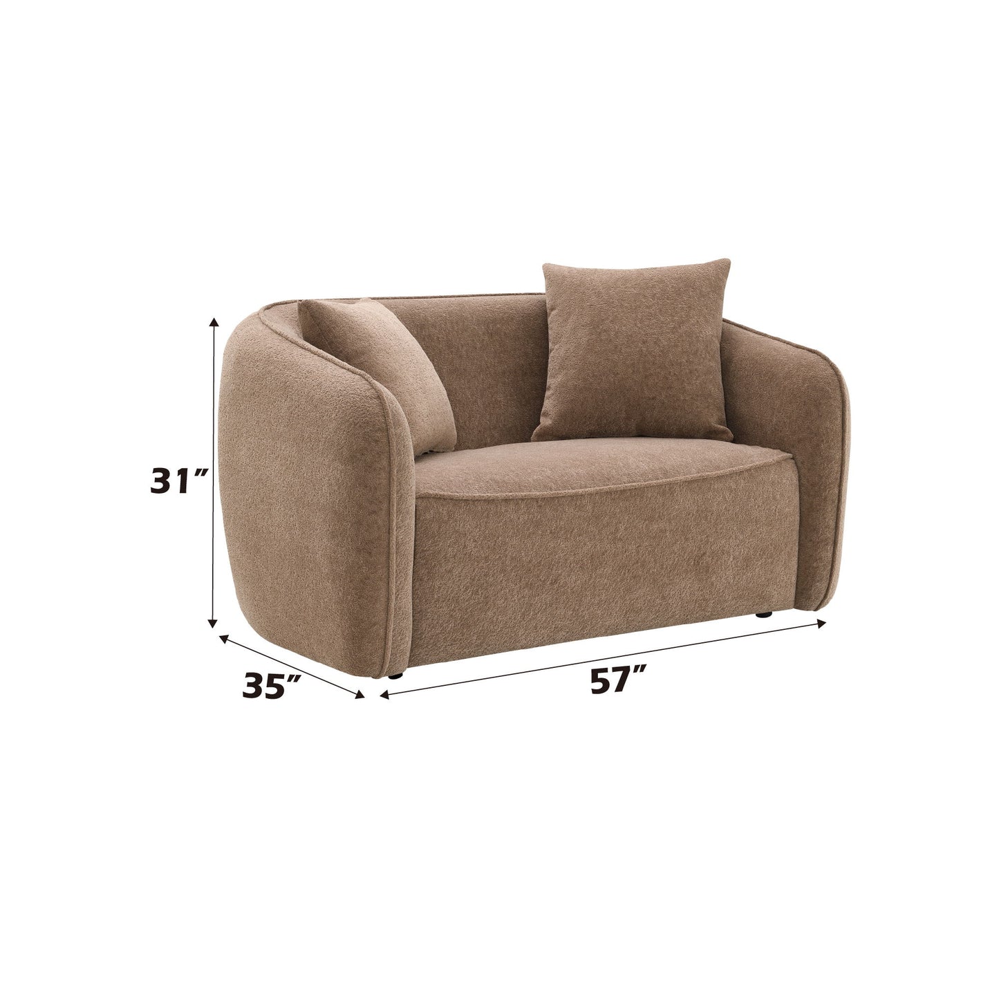 The Keith Chenille Loveseat features rounded arms and back, brown upholstery, one cushion, and includes 2 matching color toss pillows. Dimensions: 31" H x 35" D x 57" W.