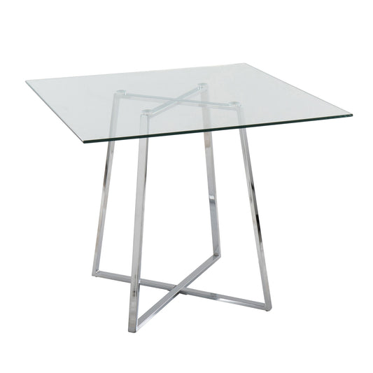 The Cosmo contemporary square table features a clear glass top and stylish metal legs in a geometric crisscross design.