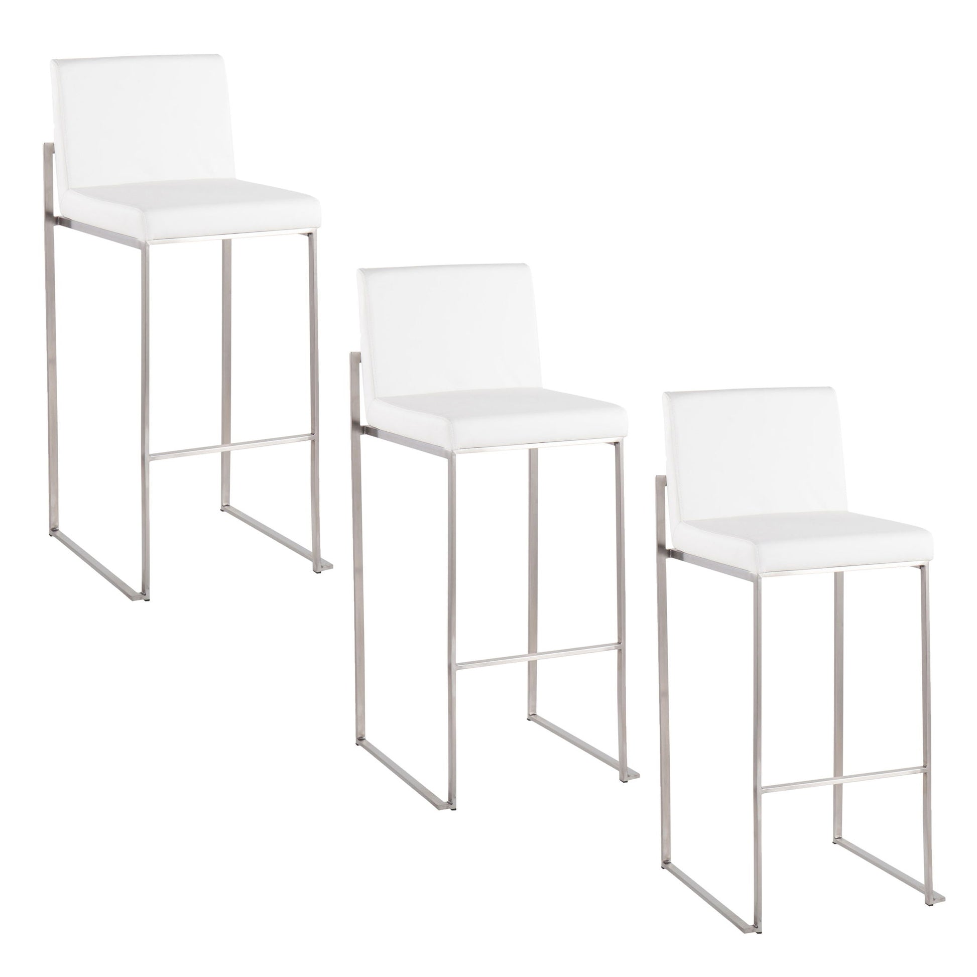 Three Fuji Contemporary and Modern Elegance High Back Barstools, with white cushioned seats, sleek metal legs, and footrests, are arranged in a staggered formation on a white background.