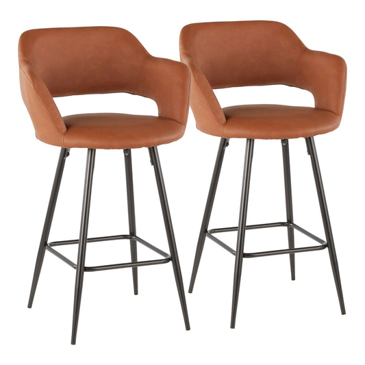 The Margarite Contemporary Counter Stool set includes two stools with brown faux leather seats, black metal legs, armrests, and curved backrests. Both stools are shown side by side against a white background.