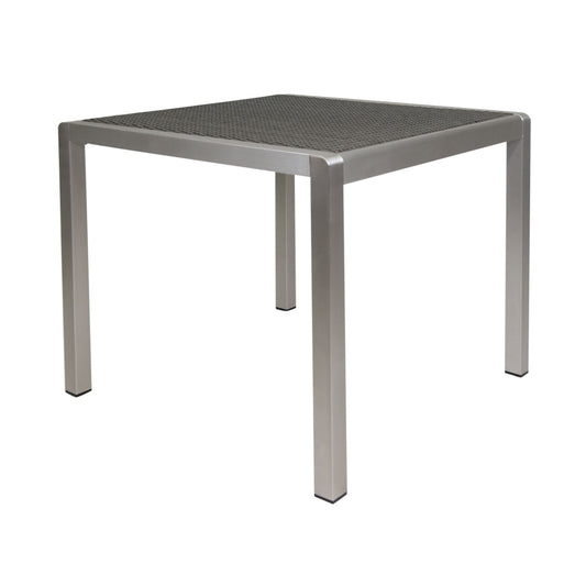 The Outdoor Square Dining Table With Aluminum Frame features a modern design with four straight legs and a dark, textured tabletop that contrasts beautifully with its silver aluminum frame.