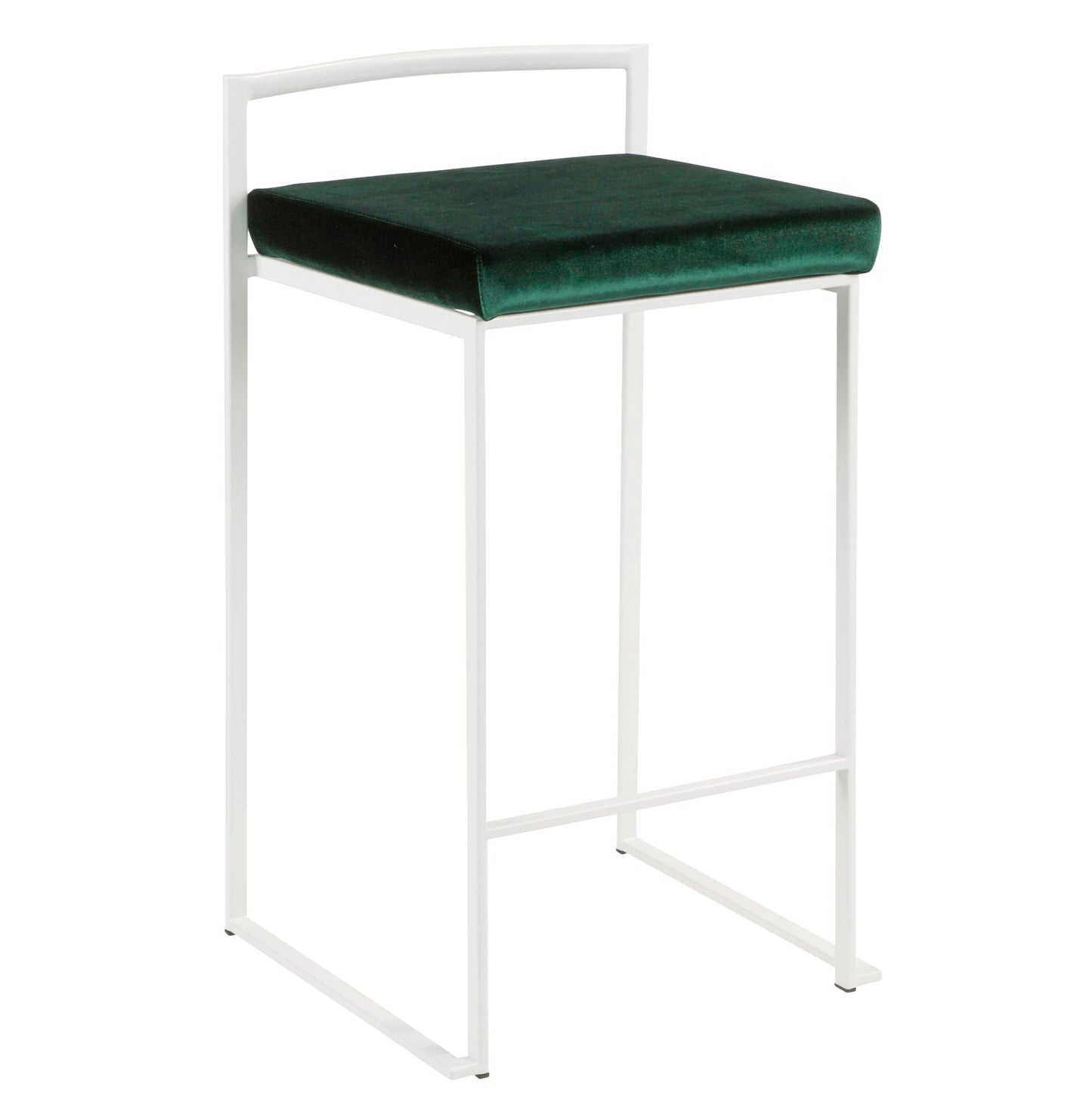The Fuji - Simple Elegance, Contemporary Stackable Counter Stool features a white metal frame, thick green velvet cushion seat, clean lines, a low backrest, and an open minimalist design for modern style.