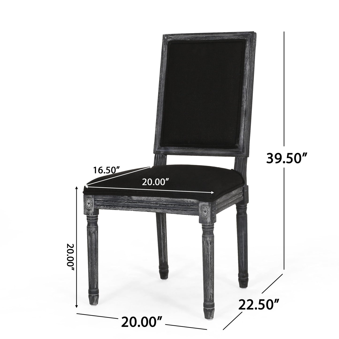 The French Country Style Dining Chair features black upholstery, decorative fluted wooden legs, and measures 39.5" H, 20" seat height, 20" W, 22.5" D, with a seat depth of 16.5".