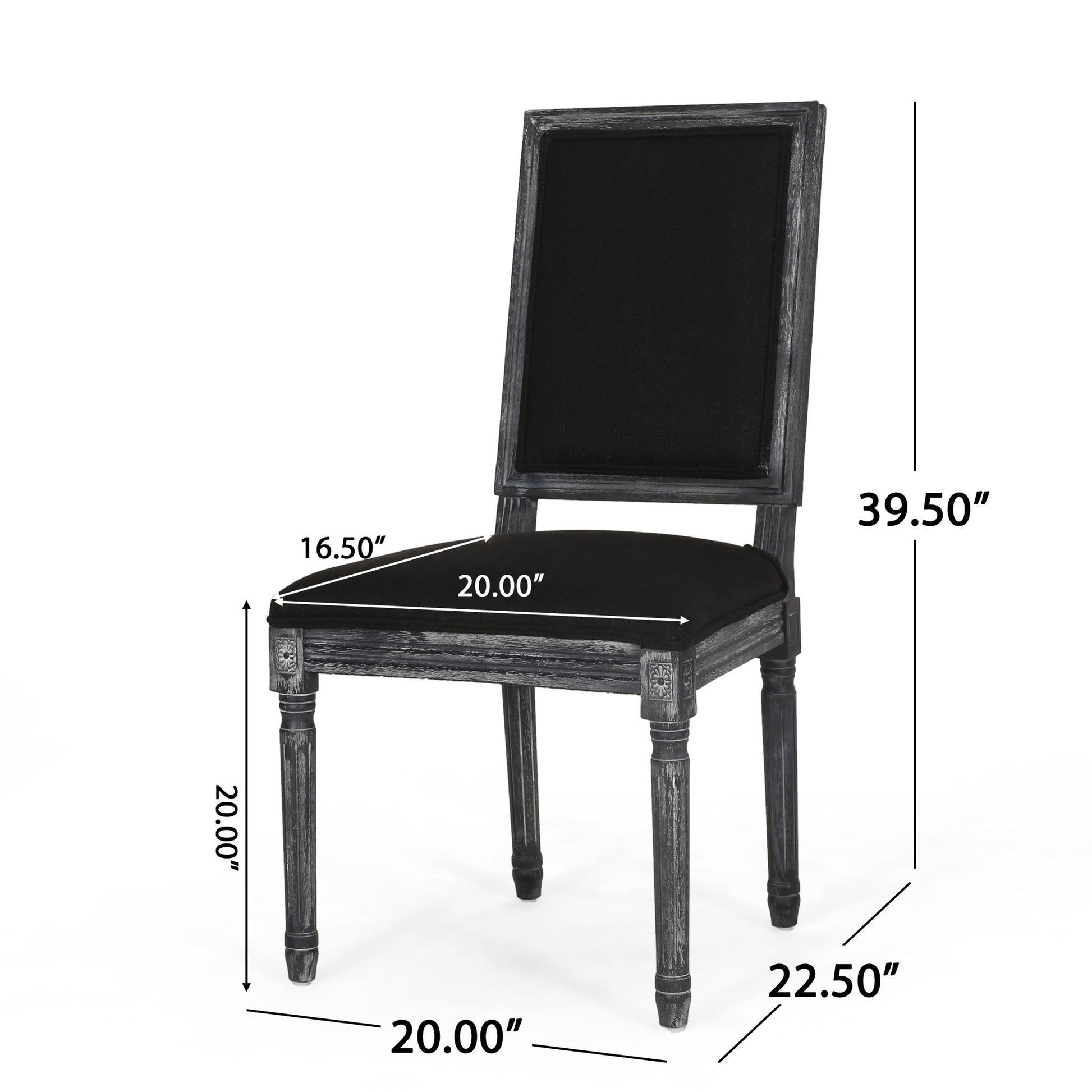 The French Country Style Dining Chair features black upholstery, decorative fluted wooden legs, and measures 39.5" H, 20" seat height, 20" W, 22.5" D, with a seat depth of 16.5".