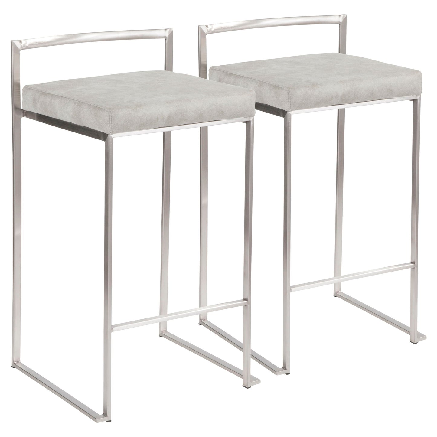 Set of two Fuji contemporary stackable counter stools with light gray cushioned seats, sleek silver metal frames, low rectangular backrests, and footrests for modern style.