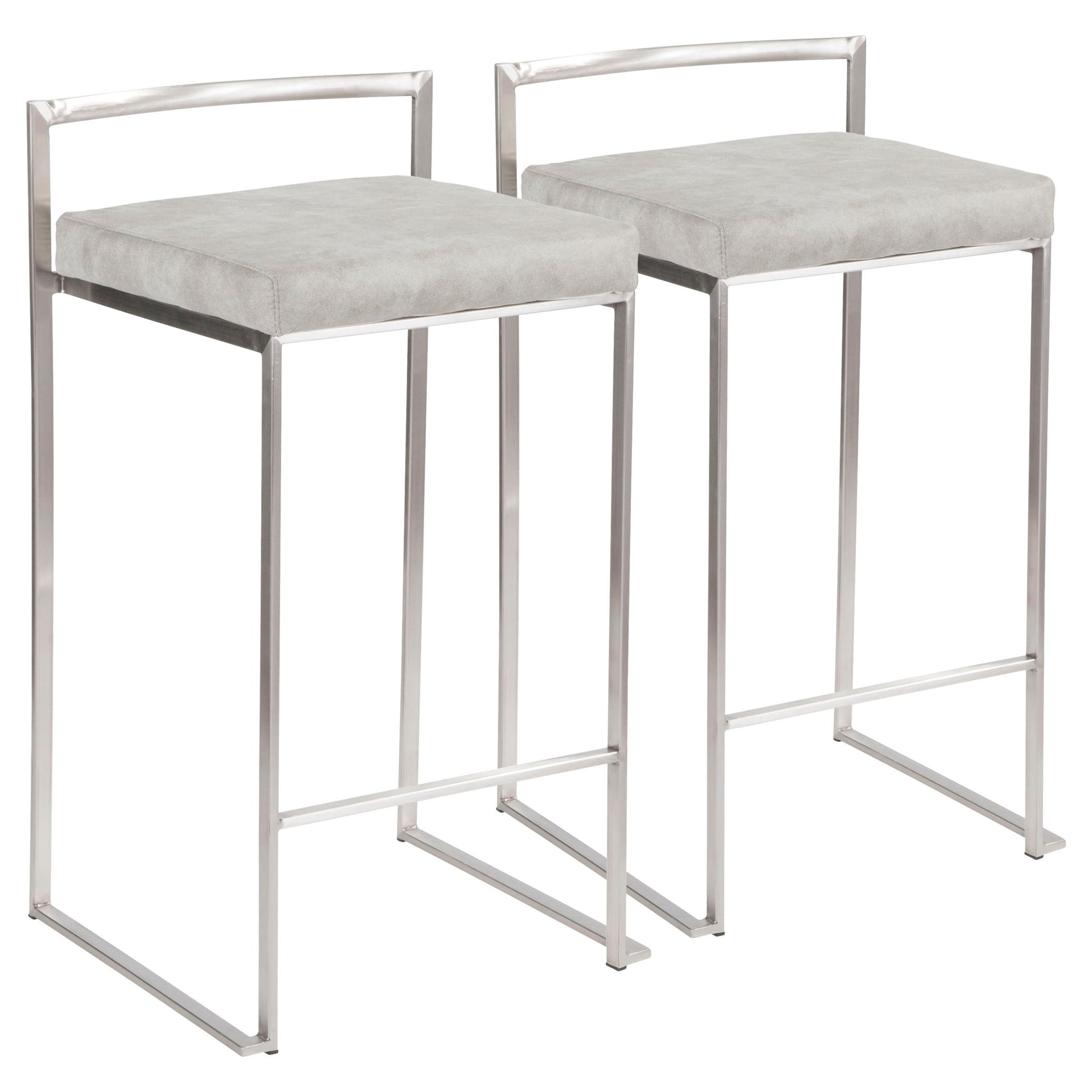 Set of two Fuji contemporary stackable counter stools with light gray cushioned seats, sleek silver metal frames, low rectangular backrests, and footrests for modern style.