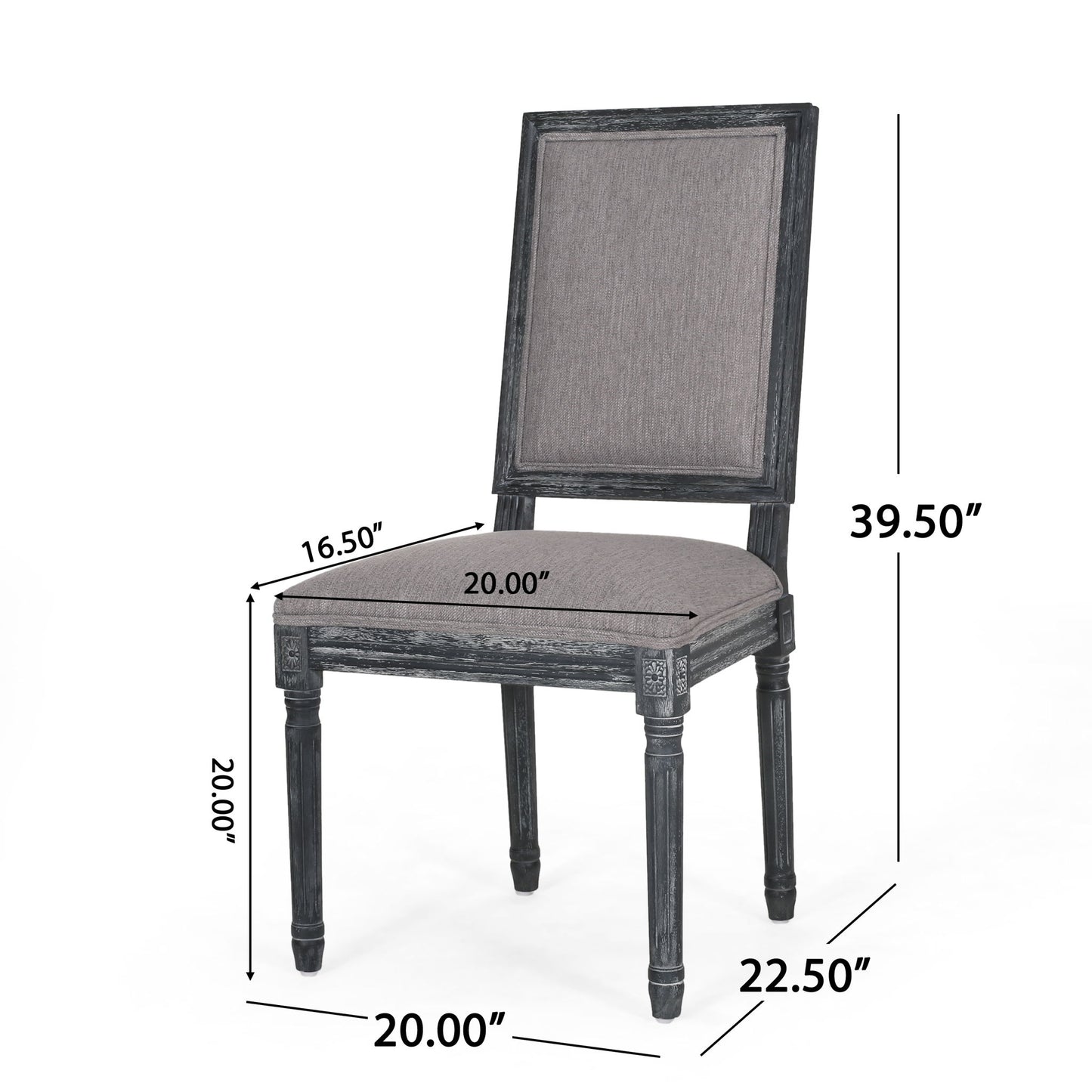 The French Country Style Dining Chair features a wooden frame, gray padded fabric seat and backrest, fluted legs, and measures 39.5" high, 20" seat width/depth, 16.5" backrest width, and 22.5" overall depth.