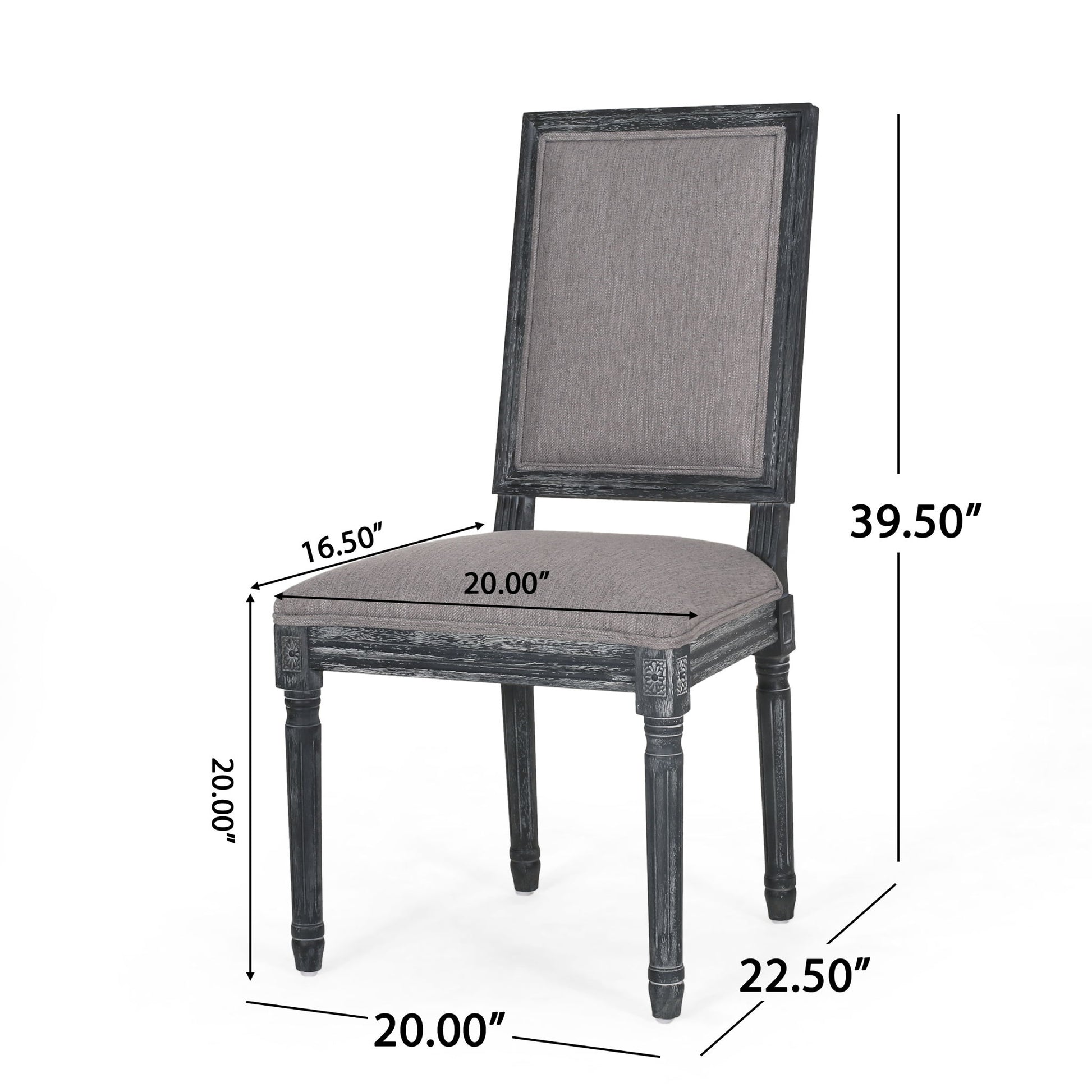 The French Country Style Dining Chair features a wooden frame, gray padded fabric seat and backrest, fluted legs, and measures 39.5" high, 20" seat width/depth, 16.5" backrest width, and 22.5" overall depth.