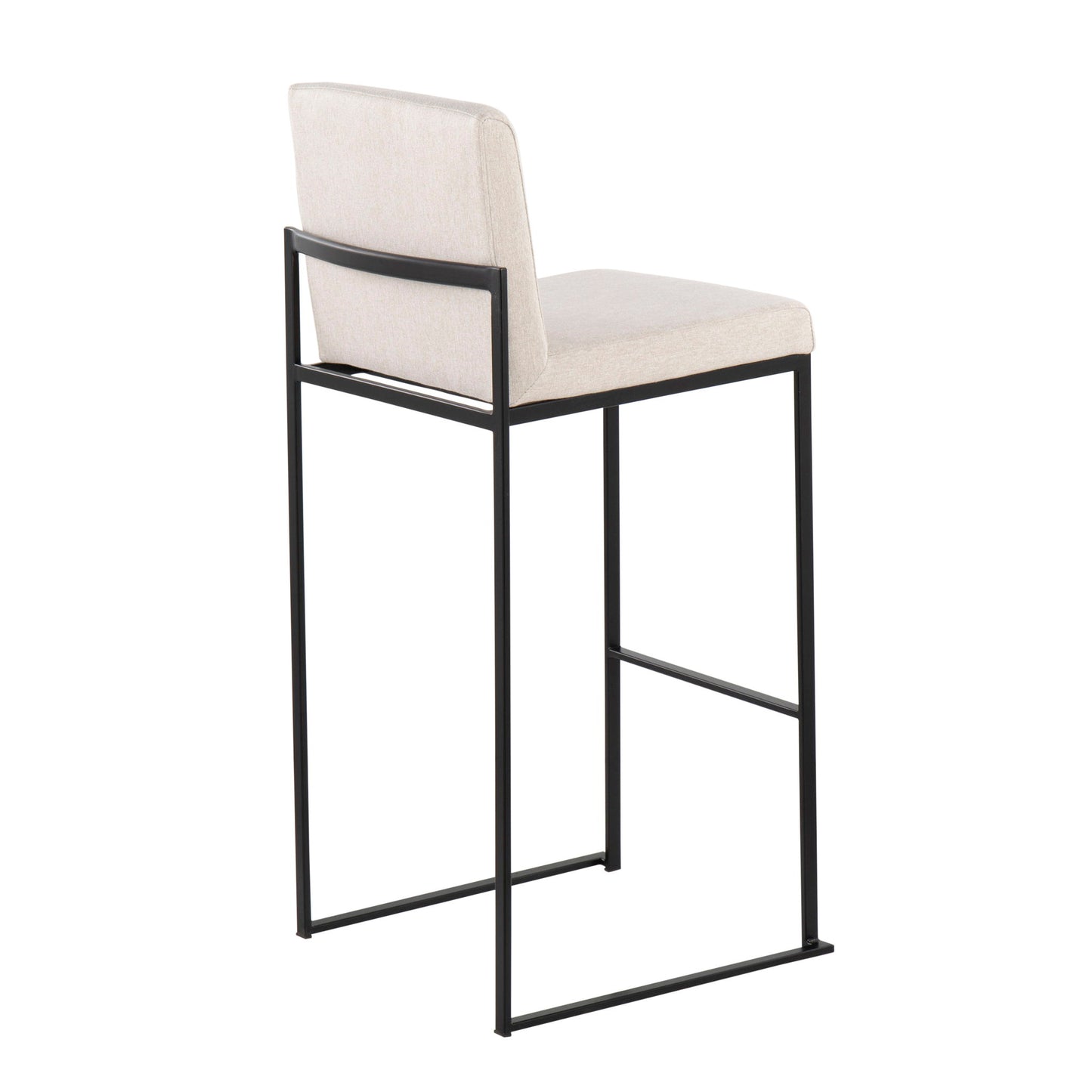 The Fuji Contemporary High Back Barstool features an elegant beige cushioned seat and backrest, supported by a sleek black metal frame with slim legs, shown against a white background.