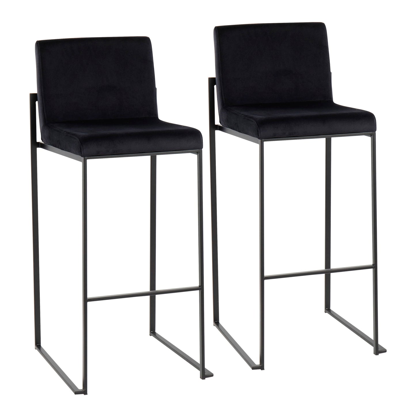 The Fuji Contemporary High Back Barstool features two sleek black stools with rectangular padded seats and backs, minimalist metal frames, and built-in footrests for a modern, elegant look.