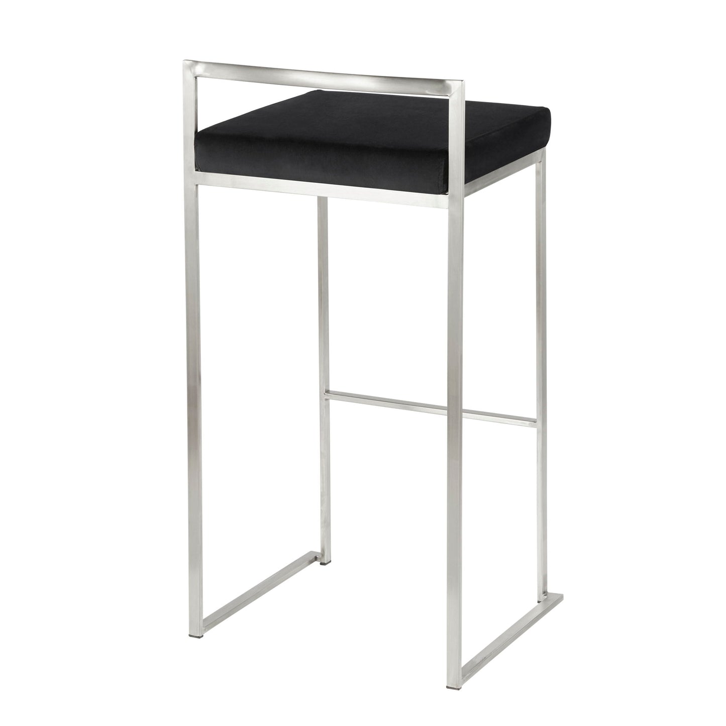 The Fuji barstool features a contemporary, elegant design with a sleek silver metal frame, low rectangular backrest, black cushioned seat, and is stackable.
