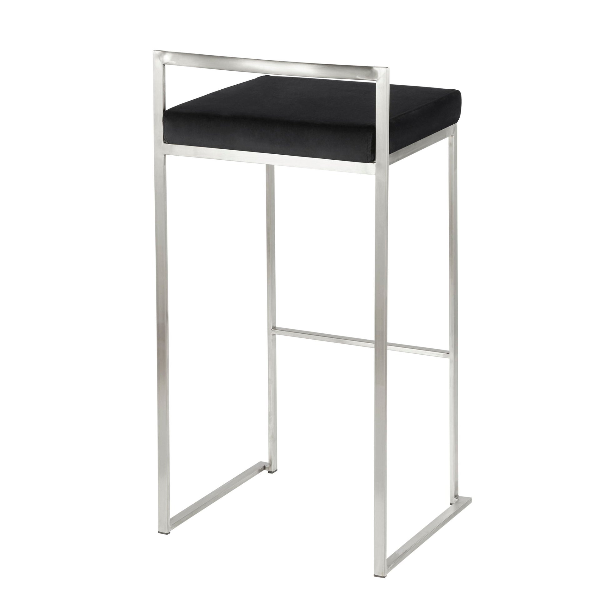 The Fuji barstool features a contemporary, elegant design with a sleek silver metal frame, low rectangular backrest, black cushioned seat, and is stackable.
